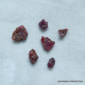 May include: A collection of six small, rough, pink and red gemstones. The gemstones are irregularly shaped and have a natural, unpolished appearance.