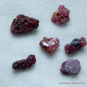 Könnte beinhalten: Sechs rohe, unpolierte Rubingranate in verschiedenen Formen und Größen. Die Rubine sind tiefrot mit einigen Bereichen in einem helleren Rosa. Die Rubine liegen auf einer weißen Oberfläche.