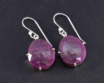 NATURAL Ruby Sterling Silver Earring ,, Handmade 925 Setting 3.25inch long hanging wire earring