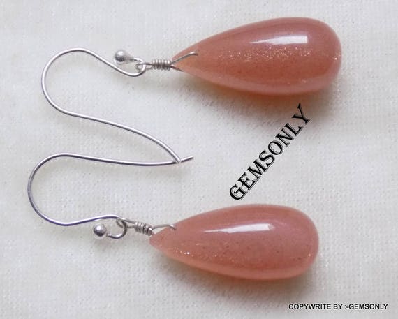 1.30" PEACH MOONSTONE earring drop handmade with 92.50% purity silver peach moonstone drop shape matching pair ready to wear 1.30"inch long