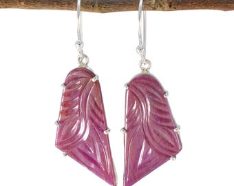 NATURAL Ruby Sterling Silver Earring ,, Handmade 925 Setting 4inch long hanging wire earring