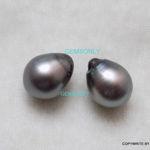 sea water 2pc Natural TAHITI PEARL drops shape pair Gray black pearl smooth cabochon pearl 10x13mm Tahitian pearl tear drop matching pair