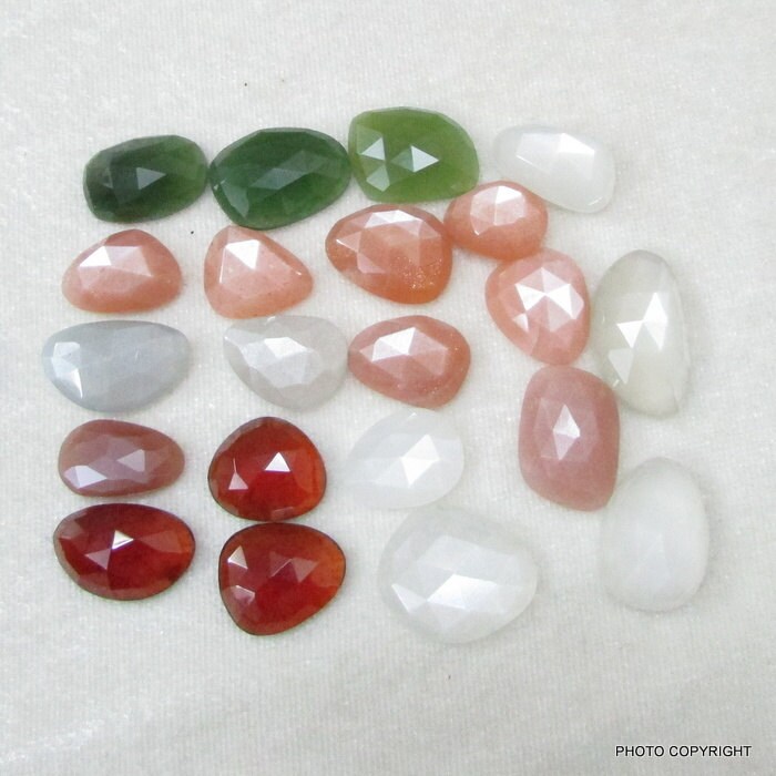 21pc 134cts Natural rosecut flat gemstone hessonite white moonstone gray moonstone peach moonstone serpentine slice assorted uneven shapethumbnail