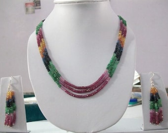 NATURAL MULTI SAPPHIRE,ruby,emerald beads  3 line necklace with 925 silver claps