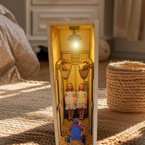 Puede incluir: Una caja de madera con una luz en su interior, que representa una escena de la pel&iacute;cula El Resplandor. Dos chicas con vestidos blancos se encuentran en un pasillo con un suelo de patr&oacute;n amarillo. Un triciclo de juguete est&aacute; en primer plano.