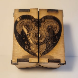 Small Laser Engraved Steampunk Heart Keepsake Box with Gear Hinges