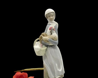 Vintage High Gloss Porcelain Lladro #4591 'Girl With Cockerel' Figurine