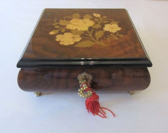 Italy Jewelry Music Box Vintage Wood Inlay Flower
