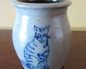 Adorable Rowe Pottery Works Salt Glazed Blue Kitten Vase, Cat Rescue
