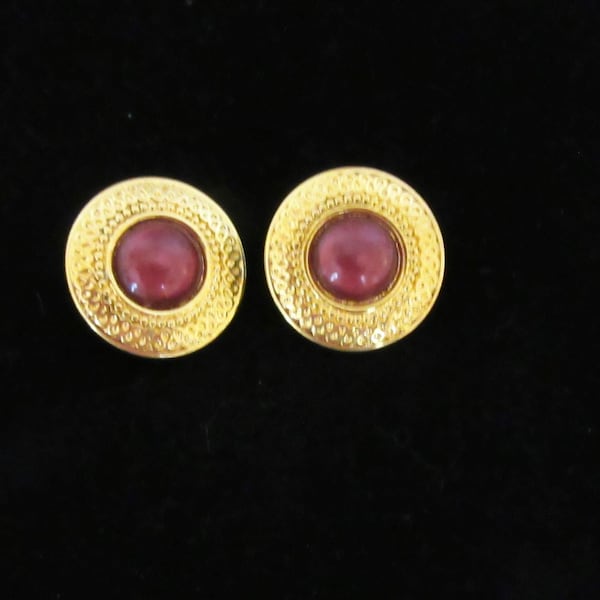Vintage Napier Gold Tone w Round Dark Pink Stone, Pierced Earrings