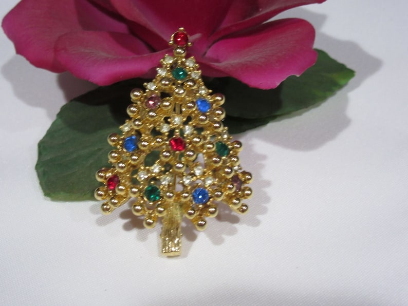 Vintage Christmas Tree with Rhinestones /& Colored Glass Pin Signed Eisenberg