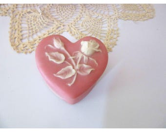Small Incolay Stone Pink Heart Shaped Trinket Box W/ Raised White Rose