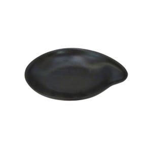 May include: A black, oval-shaped serving dish with a unique, curved design. The dish has a smooth, matte finish and a slightly raised edge. The overall shape is reminiscent of a leaf or a teardrop. This dish is suitable for serving appetizers or small portions.