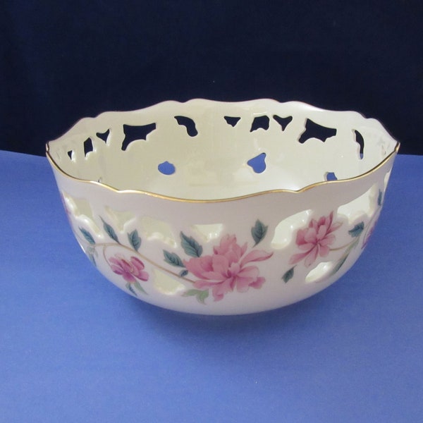 Pretty Lenox Barrington Collection Round Pierced Bowl w Pink Flowers, Made in USA