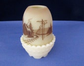 Vintage Fenton Custard Hand Painted Fairy Lamp Signed Sue Jackson, Barn Scene