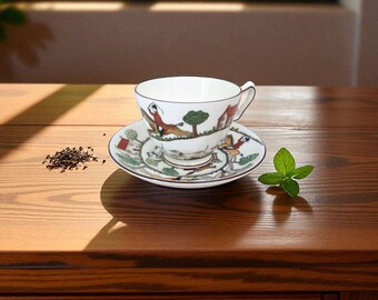 Vintage Crown Staffordshire Hunting Scene Tea Cup & Saucer VGC