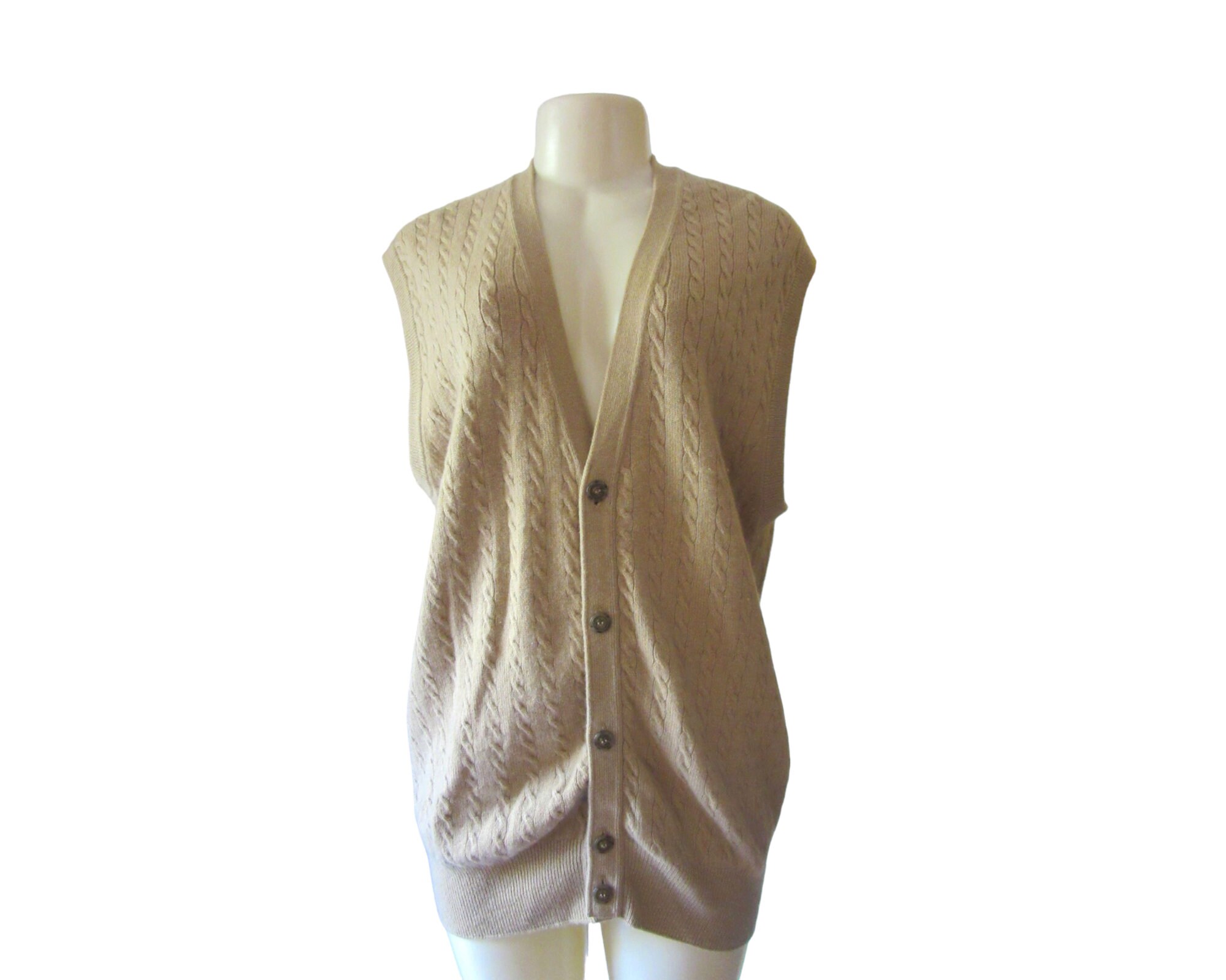 Vintage Clark Gregory Fine Golfwear Débardeur 100 % cachemire beige/havane en taille L, Écosse - France