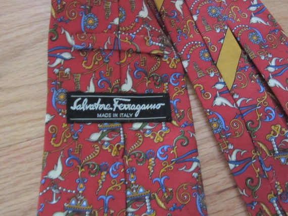 Vintage Salvatore Ferragamo Silk Tie, Red w White… - image 4