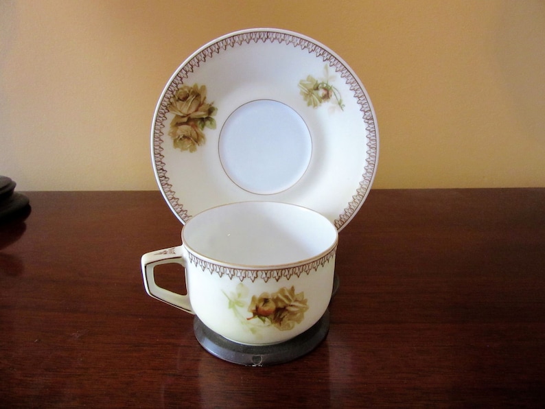 Antique 1900s Silesia Beige Flower Tea Cup and Saucer For Cat Rescue