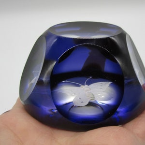 Vintage Purple/Clear Etched White Butterfly Round Paperweight