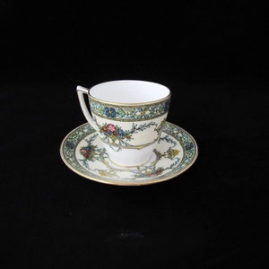 Vintage 1930&#39;s Minton Blue Trim Floral Demitasse Tea/Coffee Cup w Saucer H3649