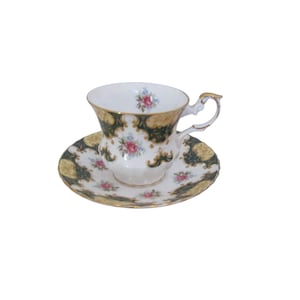 Vintage Rosina Green/Gold Bone China Teacup with Saucer w Pink Rose