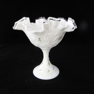 Fenton Violets in the Snow on Spanish Lace, Hand-Painted, Silver Crest Comport or Vase, Signed