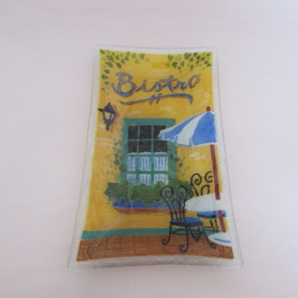 Peggy Karr Signed Fused Glass Rectangular Bistro Theme 10" Tray