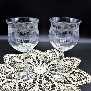 Set of 2 Depression Etched Wine Glasses w Scrolls & Hanging Bells, Tiffin Glass Co?