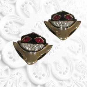 Signed Kenneth Lane, Vintage Faces with Red Eyes Clip on Earrings Gold Tone & Enamel
