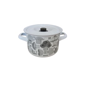 May include: White enamel cooking pot with a lid and two handles. The pot features a black and white mushroom pattern around the exterior. The lid has a black knob. A kitchenware item.