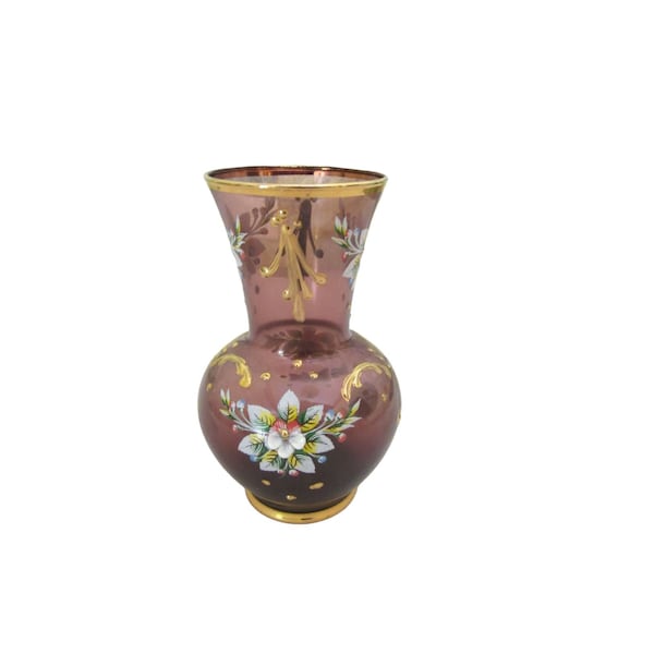 Venetian Murano Purple Small Glass Vase w Enamel Applied Flowers and Gold