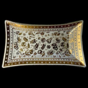 Georges Briard Mid-Century Persian Garden Glass Tray Gold Floral Rectangular Serving Dish
