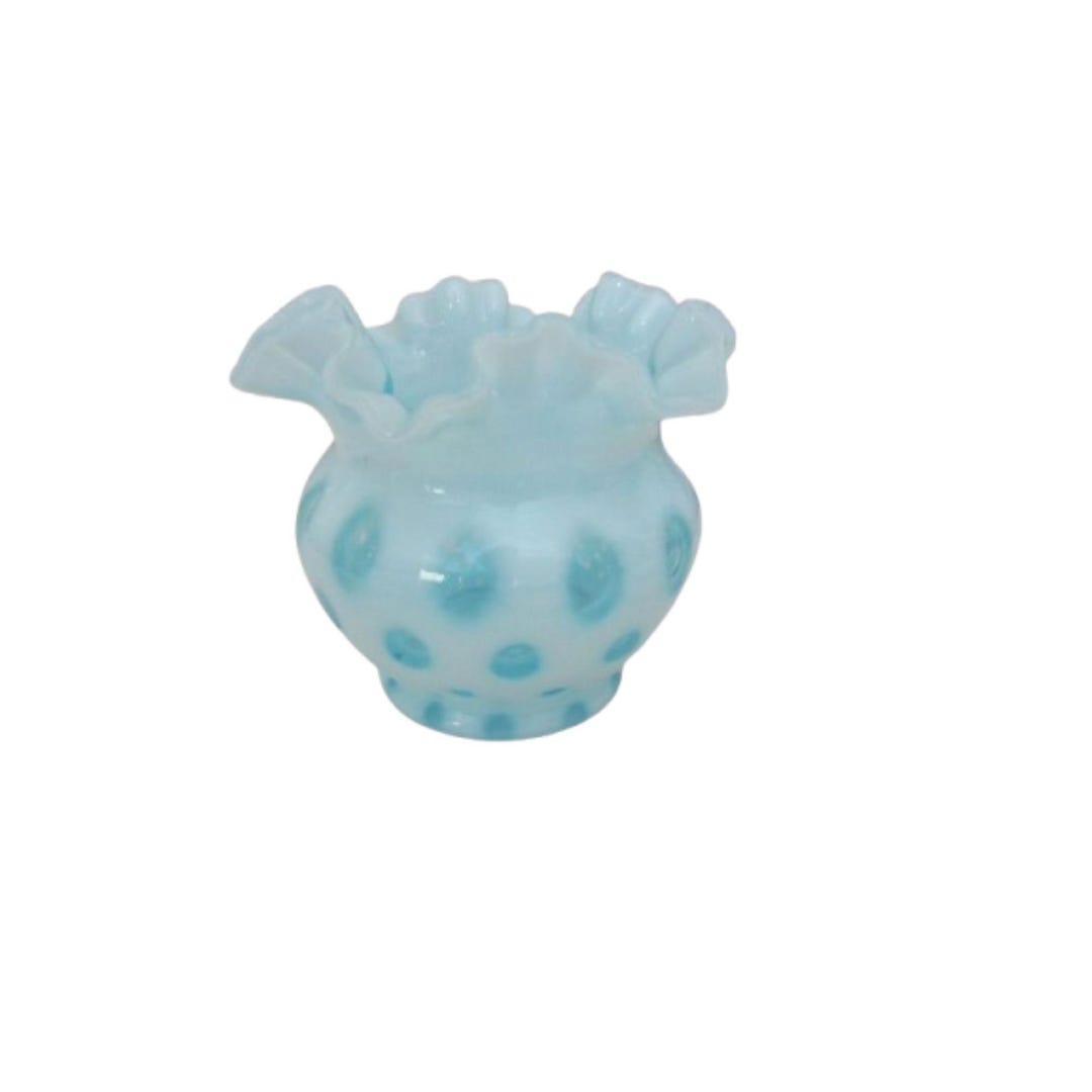 Fenton Blue Coin Dot Opalescent Glass Ruffled Bowl Vintage Decorative ...
