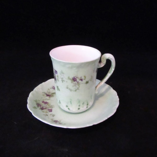 Vintage T & V Limoges Hand Painted Pale Green w/Flowers Demitasse Cup and Saucer,
