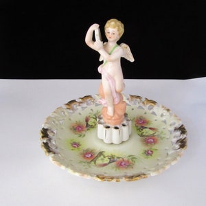 Vintage Japan Decorative Plate with Attached Porcelain Angel Figurine