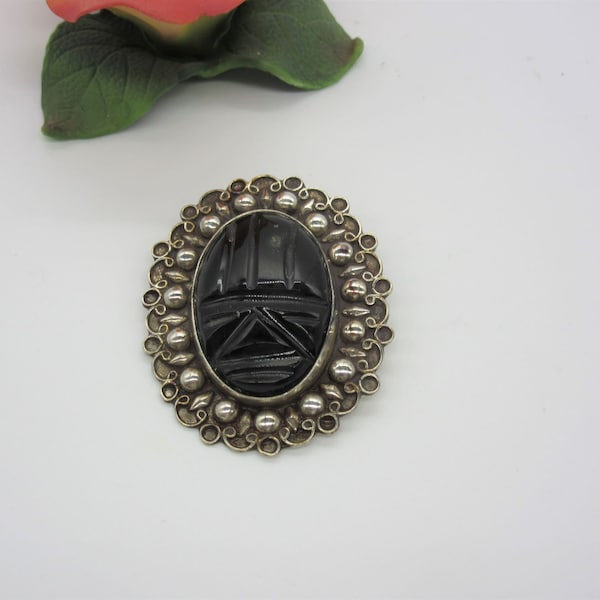 Vintage Sterling Onyx Tribal Mask  Brooch or Pin, Made in Mexico