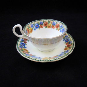Vintage Aynsley Bone China Tea Cup and Saucer, Green Trim with Floral Design