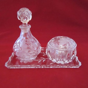 Vintage Glass Vanity Set, Tray, Perfume Bottle, Powder Jar w Lid, Frosted Floral