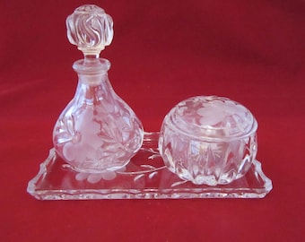 Vintage Glass Vanity Set, Tray, Perfume Bottle, Powder Jar w Lid, Frosted Floral