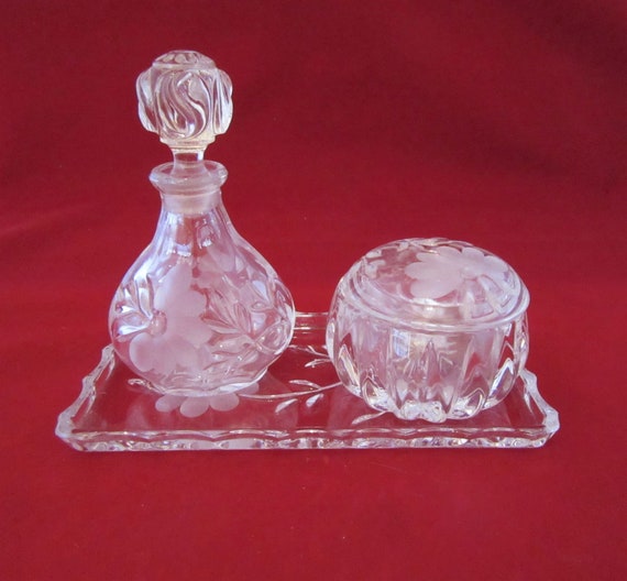 Vintage Glass Vanity Set, Tray, Perfume Bottle, Powde… Gem