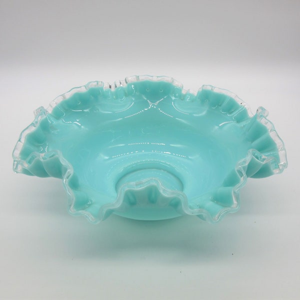 Vintage Rare Teal or Turquoise Silver Crest Fenton Bowl with Ruffled Rim, 10"