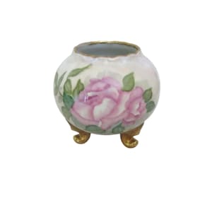Antique Hand Painted Pink Rose Gold Claw Footed Round Vase