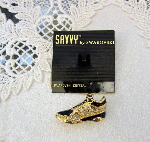New, Signed Savy by Swarovski Shoe Pin or Brooch, Black Enamel w Swarovski Crystals