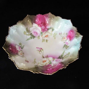 Antique MZ Austria Large Bowl with Embossed Design and Hand Painted Roses