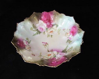 Antique MZ Austria Large Bowl with Embossed Design and Hand Painted Roses