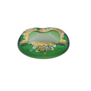 Vintage Bohemian Czech Green Glass Ashtray or Bowl w Applied Flowers