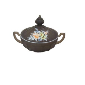 Vintage, Westmoreland Brown Hand-painted flowers Handled Trinket Box