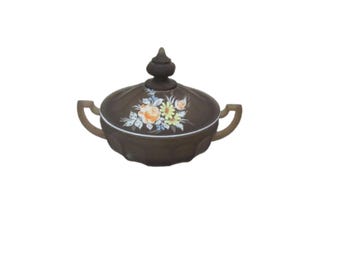 Vintage, Westmoreland Brown Hand-painted flowers Handled Trinket Box