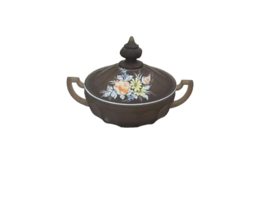 Vintage, Westmoreland Brown Hand-painted flowers Handled Trinket Box